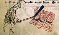 3. Contadini che battono cereali. “Salterio cisterciense”, Besançon, BM, ms 0054, f. cv, 1260. Contadini che battono cereali.