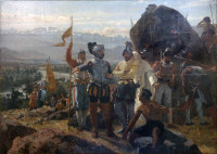 Fondazione di Santiago del Cile da parte dei conquistadors spagnoli nell’anno 1541 (dipinto di Pedro Lira Rencoret, 1888). 