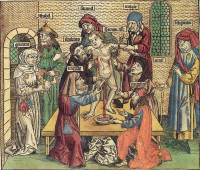 Omicidio rituale di un ragazzo cristiano da parte di ebrei, xilografia colorata, 1493. 