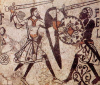 4. Combattimento fra un saraceno e un soldato europeo. Mosaico della basica di Santa Maria Maggiore a Vercelli, ora distrutta (secc. XI-XII). Combattimento fra un saraceno e un soldato europeo.