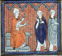 5. Vescovo eretico che destituisce dei preti. “Decretum Gratiani”, Tours, BM, ms 0588, f. 244, circa 1288-1289. Vescovo eretico che destituisce dei preti.