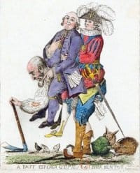 “Si può sperare che il gioco finisca presto”: il Terzo Stato porta sulle spalle il Clero e la Nobiltà, caricatura del 1789