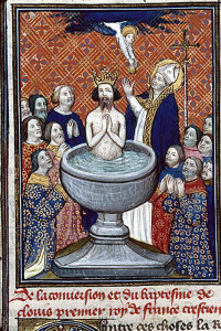 2. Battesimo di Clodoveo, “Chronique de Burgos”, Besançon, BM, ms 1150, circa XV sec. Battesimo di Clodoveo.