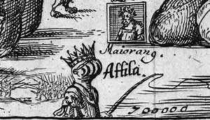 2. Particolare dell’immagine riprodotta nella figura 1: Attila, il “flagello di Dio”, e sopra di lui Giulio Valerio Maggioriano, imperatore romano d’Occidente dal 457 al 461 J. Buno, Attila