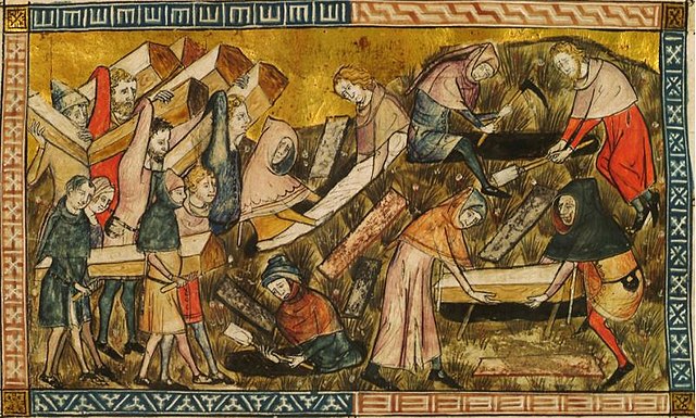 Gli abitanti di Tournai seppelliscono le vittime della peste (miniatura del XIV secolo)