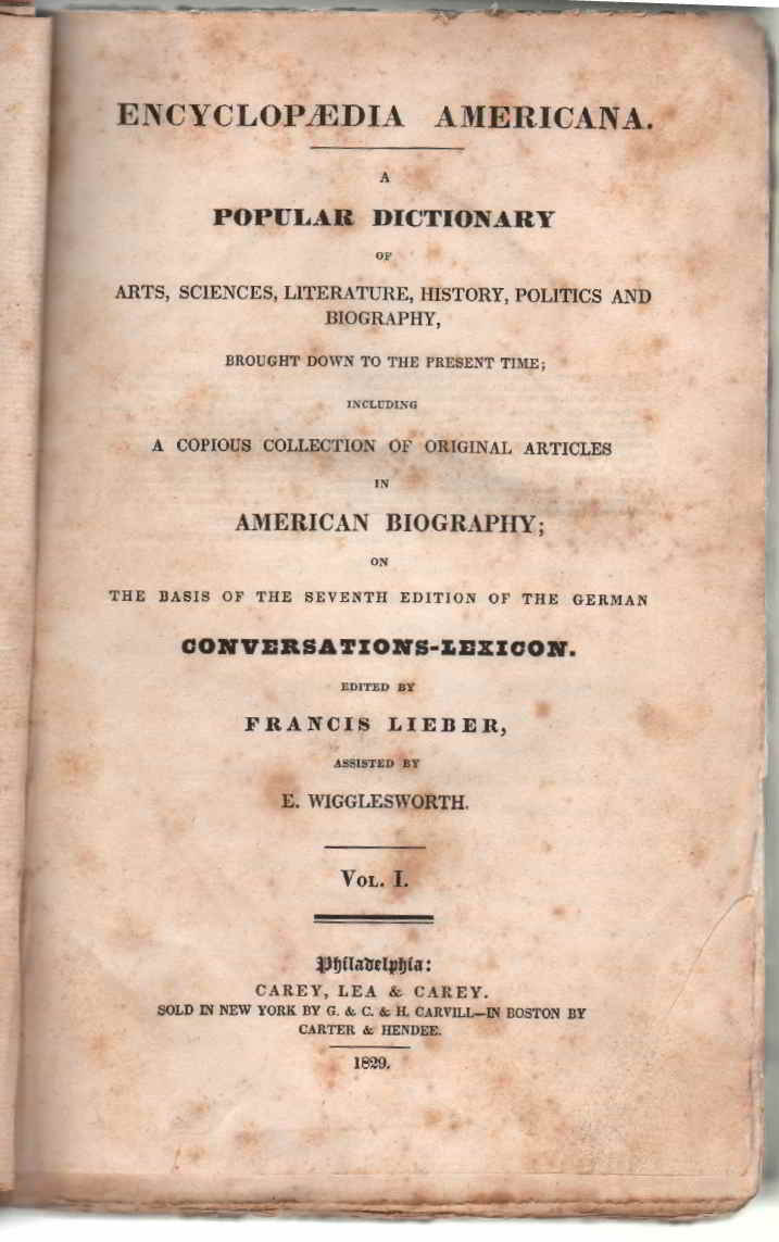 Encyclopaedia Americana, Vol. I, 1829.