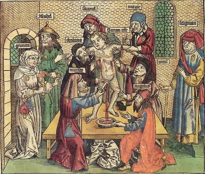 Omicidio rituale di un ragazzo cristiano da parte di ebrei, xilografia colorata, 1493. 