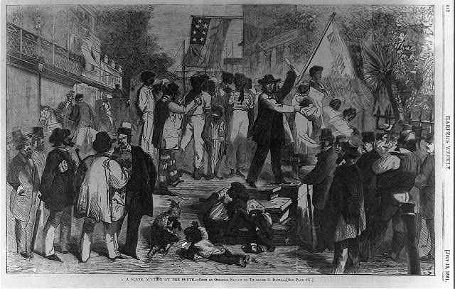 Un'asta di schiavi negli Stati Uniti meridionali, 1861. 