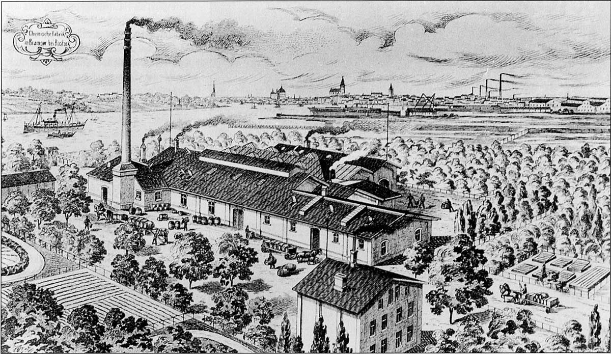 Raffigurazione di un impianto chimico a Rostock – Germania del Nord (1890 ca.).