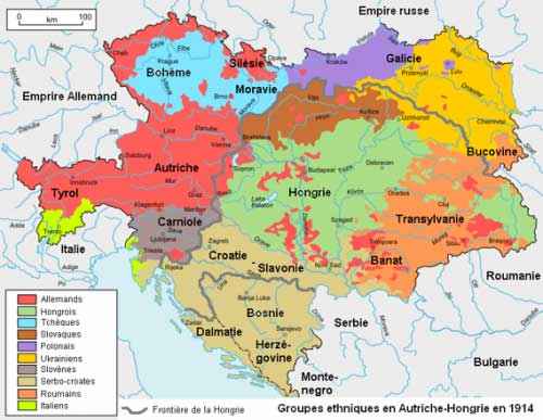 Mappa dei gruppi etnici in Austria-Ungheria nel 1910.