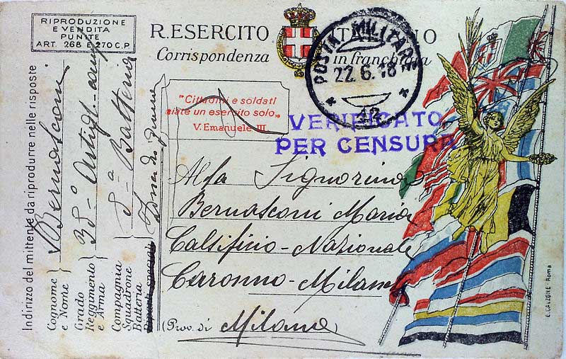 Cartolina postale spedita dal fronte italiano nel 1918
