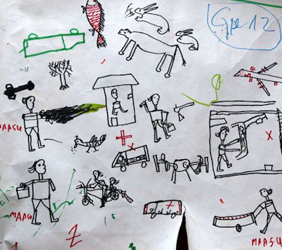 Disegno di un minore nigeriano sfollato nei campi profughi allestiti dall’UNICEF sul terrorismo di Boko Haram  