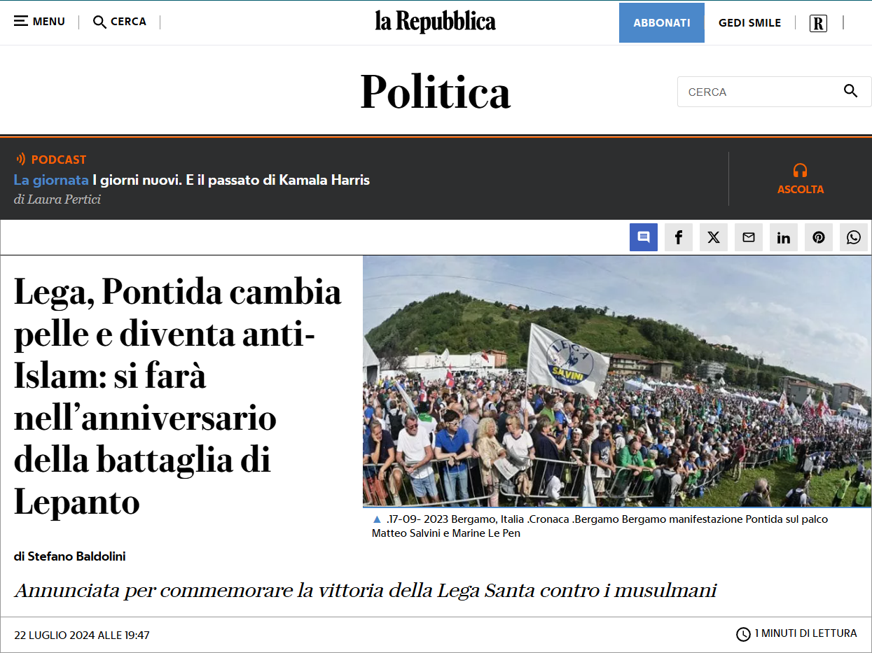 2024 07 23 12 59 06 Lega Pontida cambia pelle e diventa anti Islam si farà nellanniversario della